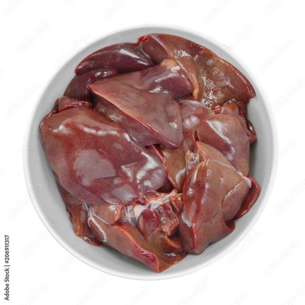 Raw chicken liver and heart isolated on white background Raw chicken liver and heart isolated on white background