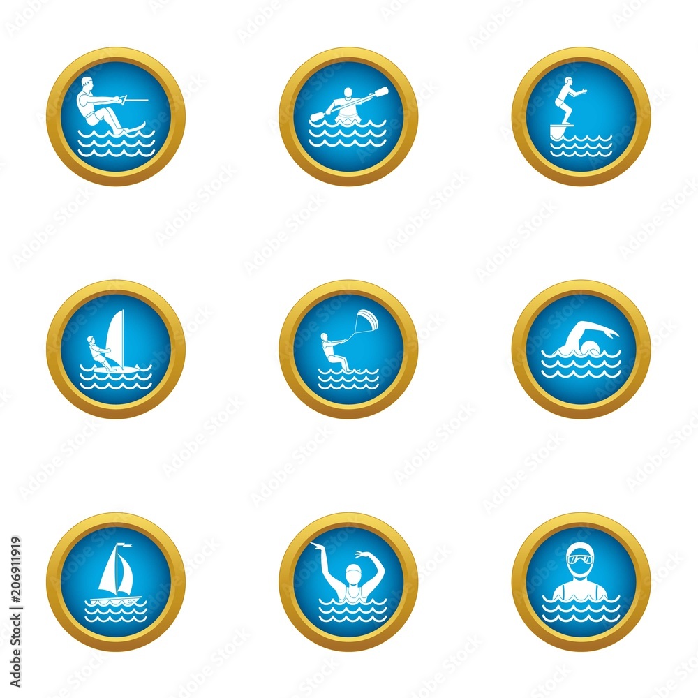 Naklejka premium Swimming in water icons set. Flat set of 9 swimming in water vector icons for web isolated on white background
