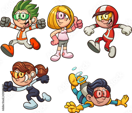 Cartoon kids from the future with technological space suits. Vector clip art illustration with simple gradients. Each on a separate layer. 