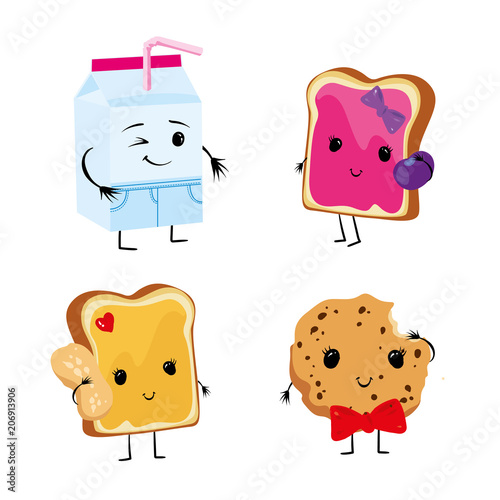 Funny food with lovely faces. A packet of milk, donuts, cake and toast with jam and peanut butter, cake and biscuits. Vector illustration.
