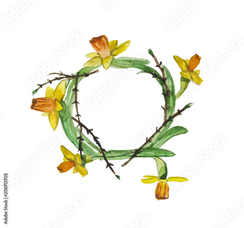 Stylized frame of daffodils and  painted in watercolor. Suitable for invitations or congratulatory compositions.