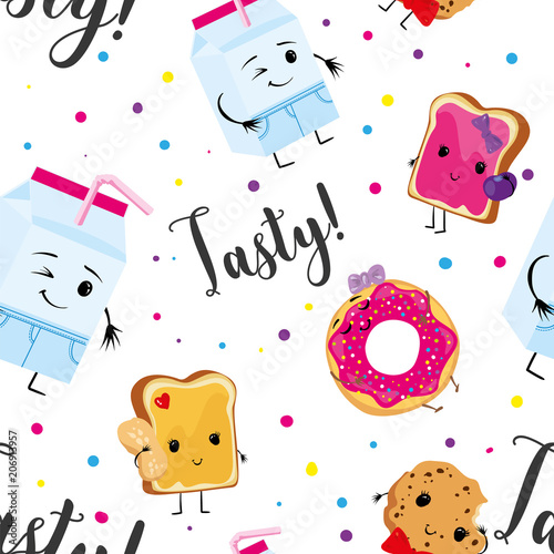 Funny food with lovely faces. A packet of milk, donuts, cake and toast with jam and peanut butter, cake and biscuits. Vector illustration.
