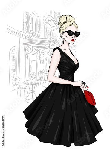 A tall, slender girl in a midi skirt, a blouse, high-heeled shoes and a clutch. Vector illustration. Clothing and accessories, fashion and style. Eps 10.