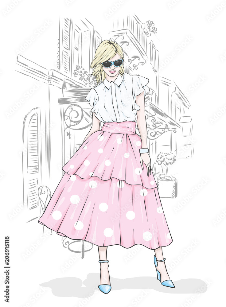 A tall, slender girl in a midi skirt, a blouse, high-heeled shoes and a clutch. Vector illustration. Clothing and accessories, fashion and style. Eps 10. A tall, slender girl in a midi skirt, a blouse, high-heeled shoes and a clutch. Vector illustration. Clothing and accessories, fashion and style. Eps 10.