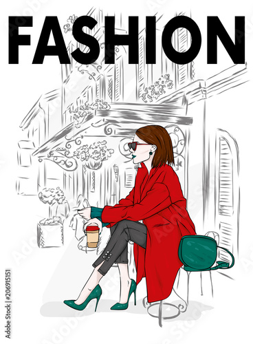 Beautiful, tall and slender girl in a stylish coat, trousers, glasses, with glasses. Stylish woman in high-heeled shoes. Fashion & Style. Vector illustration.
