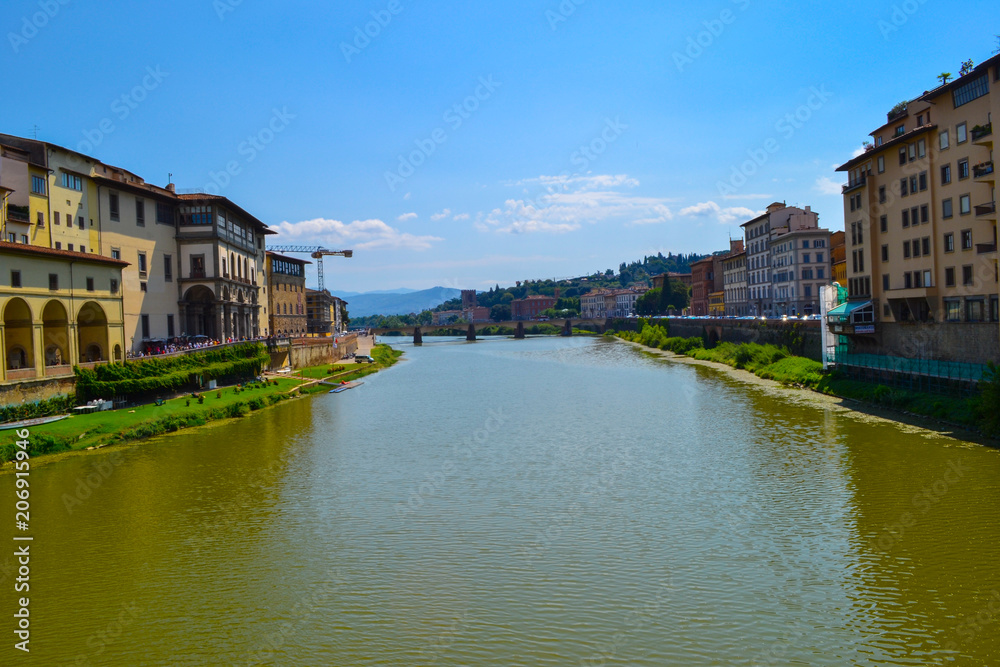 Arno river with Ponte alla Carraia (alla Carraia Bridge) at the background. Florence, Italy.