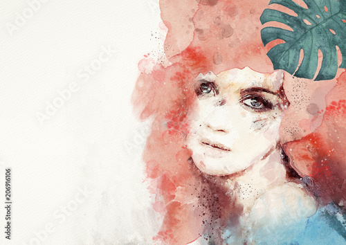 Watercolor abstract portrait of woman. Background