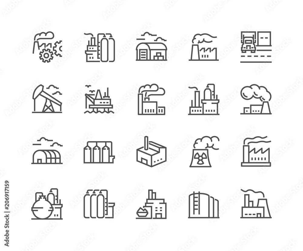 Simple Set of Factories Related Vector Line Icons. Contains such Icons as Truck Terminal, Power Station, Mine, Warehouse, Greenhouse and more. Editable Stroke. 48x48 Pixel Perfect.