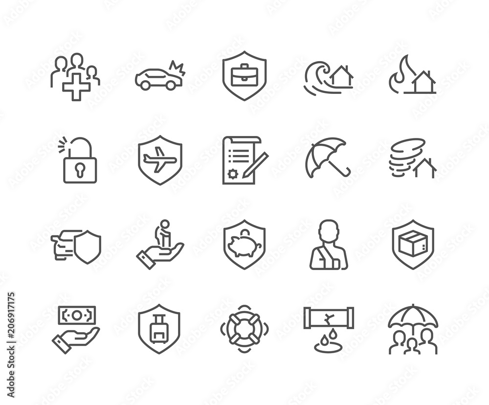 Simple Set of Insurance Related Vector Line Icons. Contains such Icons as Car Protection, Health Insurance, Contract and more. Editable Stroke. 48x48 Pixel Perfect.