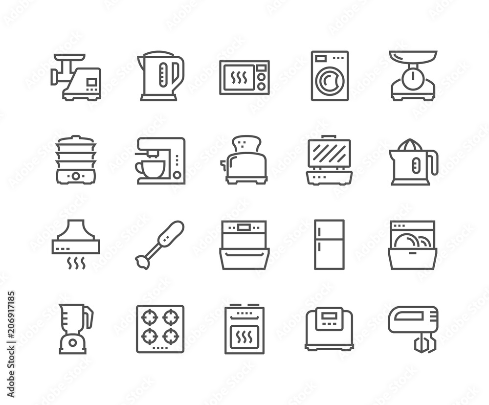 Simple Set of Kitchen Appliances Related Vector Line Icons. Contains such Icons as Meat Grinder, Boiler, Multicooker and more. Editable Stroke. 48x48 Pixel Perfect.