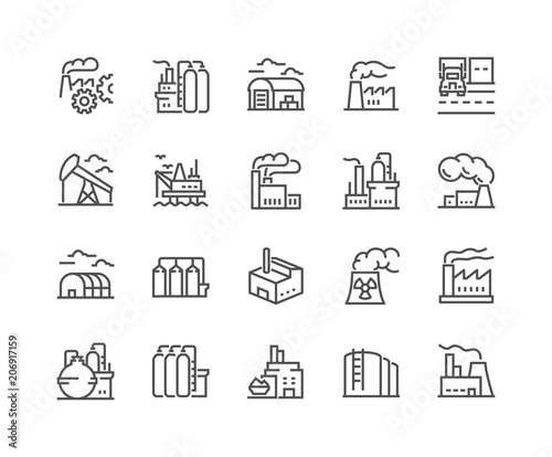 Simple Set of Factories Related Vector Line Icons. Contains such Icons as Truck Terminal, Power Station, Mine, Warehouse, Greenhouse and more. Editable Stroke. 48x48 Pixel Perfect.