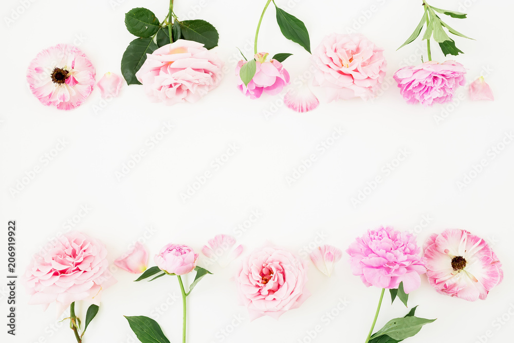 Floral frame made of pink peonies and anemone flowers on white background. Flat lay, Top view. Valentines day composition