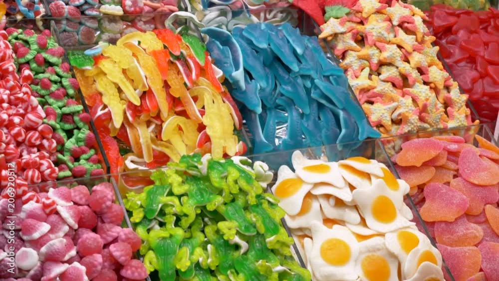 Assorted colorful jelly candies on display at a local food market