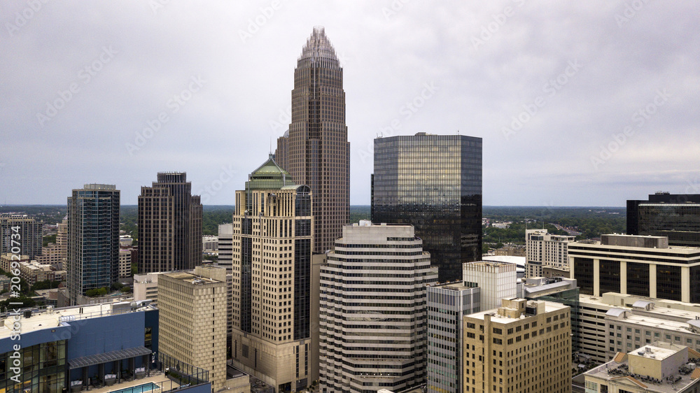 Aerial View in close between the buildings of Charlotte North Carolina Downtown Aerial View in close between the buildings of Charlotte North Carolina Downtown