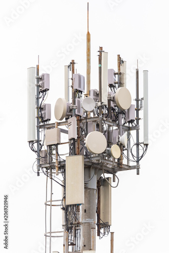 Communication Cell phone tower on white background photo