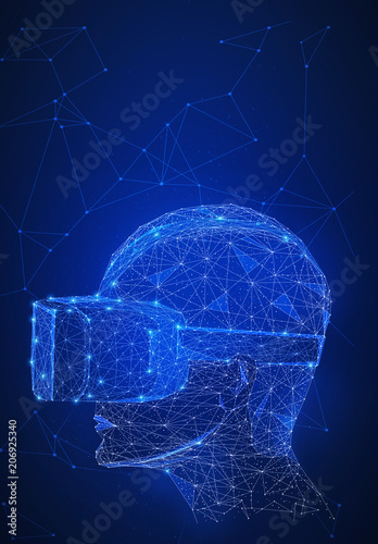 Fototapeta Naklejka Na Ścianę i Meble -  Virtual reality technology network futuristic hud polygon 3d human's head with VR headset on peer to peer network background represent high technology and digital device concept. Vertical layout.