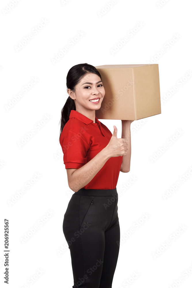 Professional asian delivery woman bring the cardboard box Professional asian delivery woman bring the cardboard box
