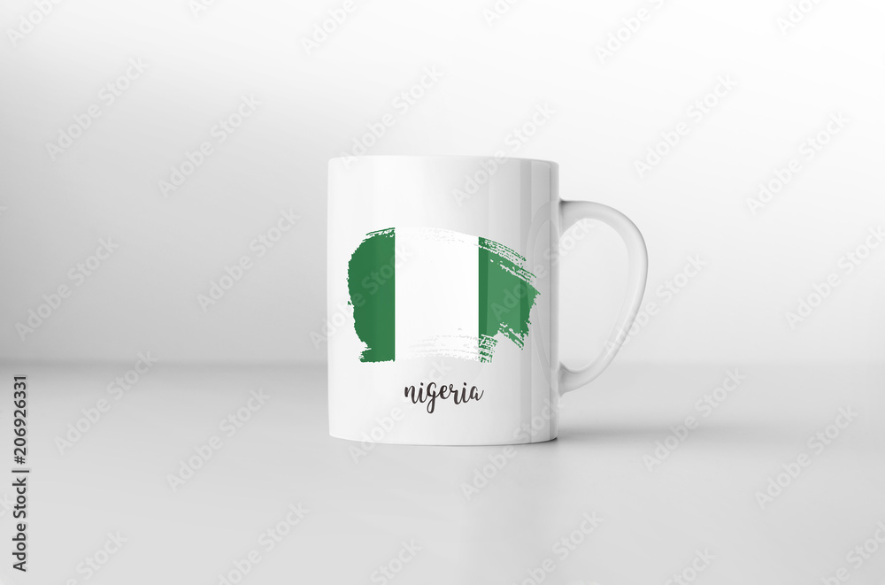 Silky flag of Nigeria flag souvenir mug on white background. 3D Silky flag of Nigeria flag souvenir mug on white background. 3D