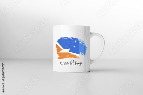 Tierra Del Fuego flag souvenir mug on white background. 3D rende