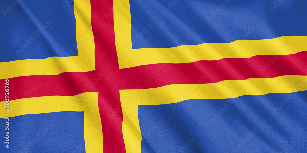 Aland flag waving with the wind, wide format, 3D illustration. 3D rendering. Aland flag waving with the wind, wide format, 3D illustration. 3D rendering.