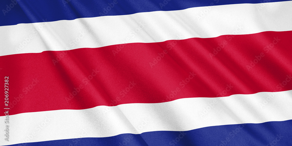 Costa Rica flag waving with the wind, wide format, 3D illustration. 3D rendering. Costa Rica flag waving with the wind, wide format, 3D illustration. 3D rendering.