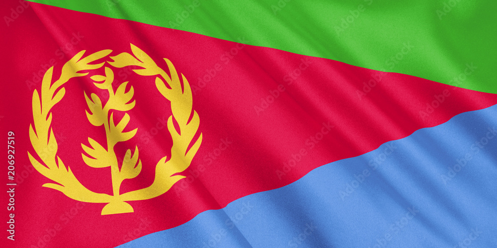 Eritrea flag waving with the wind, wide format, 3D illustration. 3D rendering. Eritrea flag waving with the wind, wide format, 3D illustration. 3D rendering.