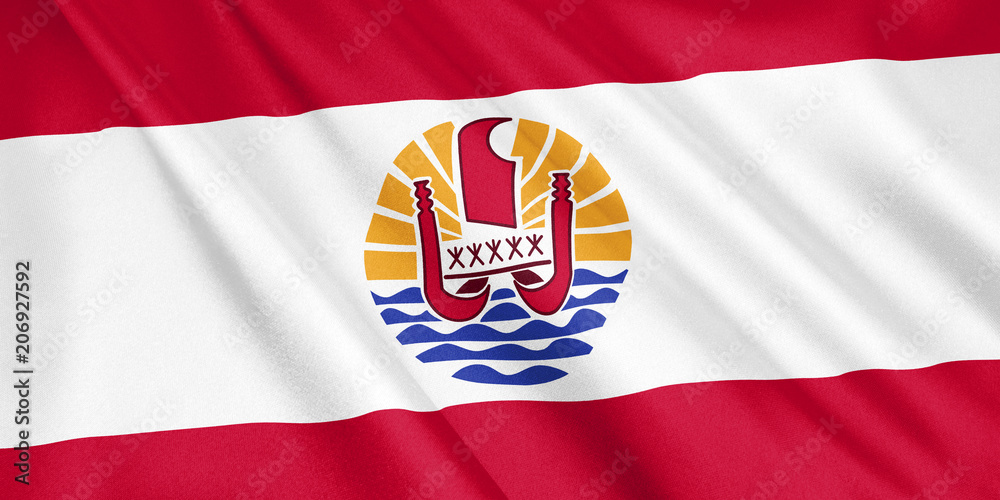 French Polynesia flag waving with the wind, wide format, 3D illustration. 3D rendering. French Polynesia flag waving with the wind, wide format, 3D illustration. 3D rendering.
