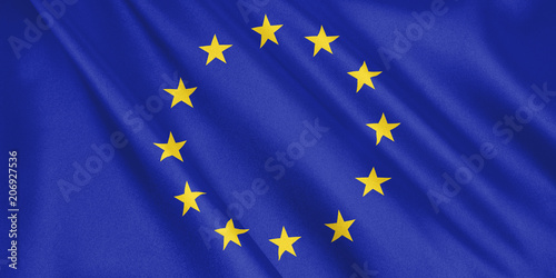 European Union flag waving with the wind, wide format, 3D illustration. 3D rendering.