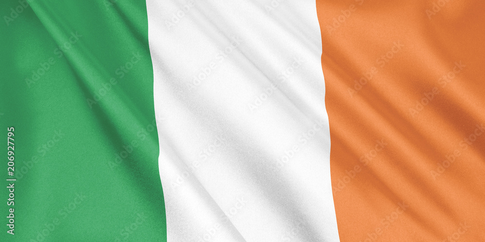 Ireland flag waving with the wind, wide format, 3D illustration. 3D rendering. Ireland flag waving with the wind, wide format, 3D illustration. 3D rendering.