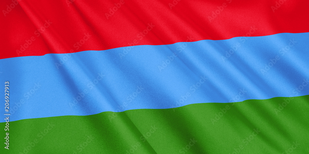 Karelia flag waving with the wind, wide format, 3D illustration. 3D rendering. Karelia flag waving with the wind, wide format, 3D illustration. 3D rendering.