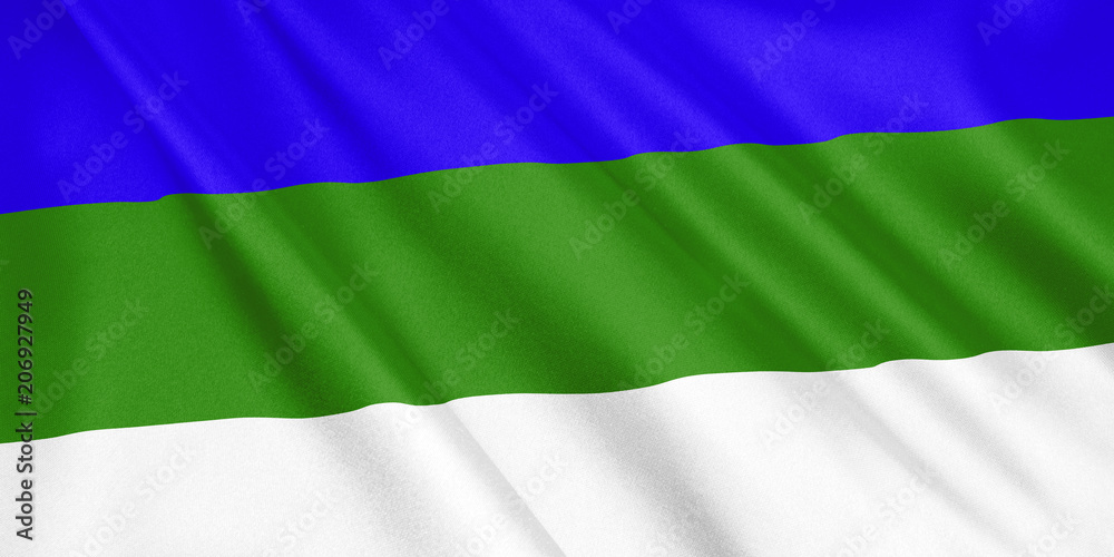 Komi flag waving with the wind, wide format, 3D illustration. 3D rendering.