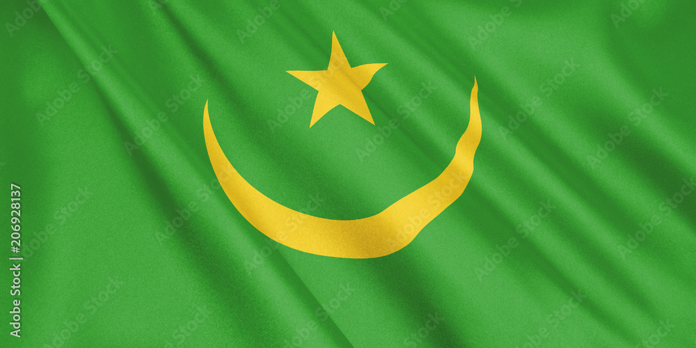 Mauritania flag waving with the wind, wide format, 3D illustration. 3D rendering. Mauritania flag waving with the wind, wide format, 3D illustration. 3D rendering.