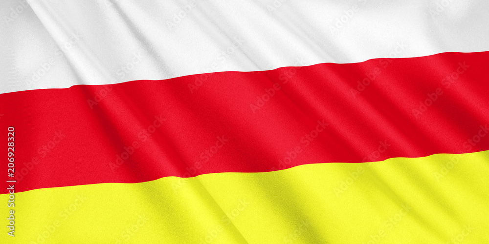 Obraz premium North Ossetia-Alania Islands flag waving with the wind, wide format, 3D illustration. 3D rendering.