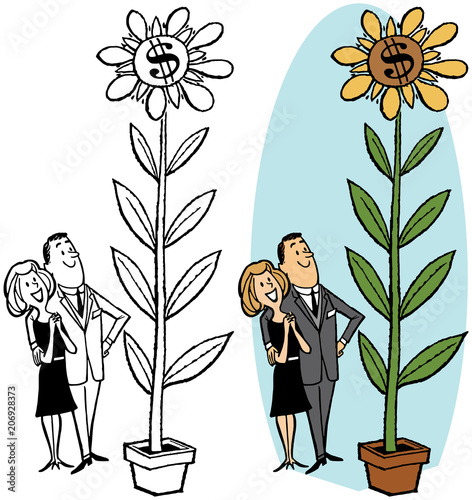 A couple admires their growing money flower investment.