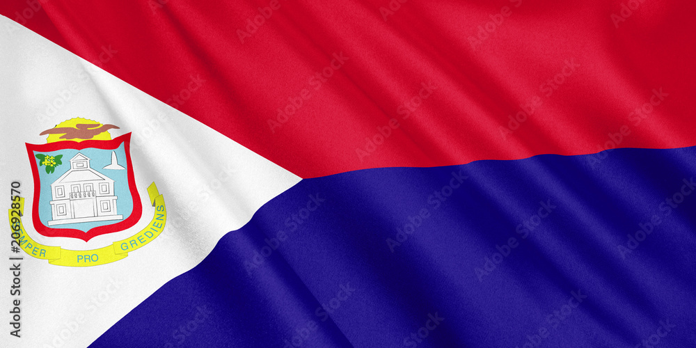 Fototapeta premium Saint Martin flag waving with the wind, wide format, 3D illustration. 3D rendering.