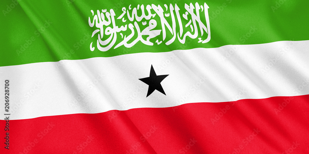 Somaliland flag waving with the wind, wide format, 3D illustration. 3D rendering. Somaliland flag waving with the wind, wide format, 3D illustration. 3D rendering.