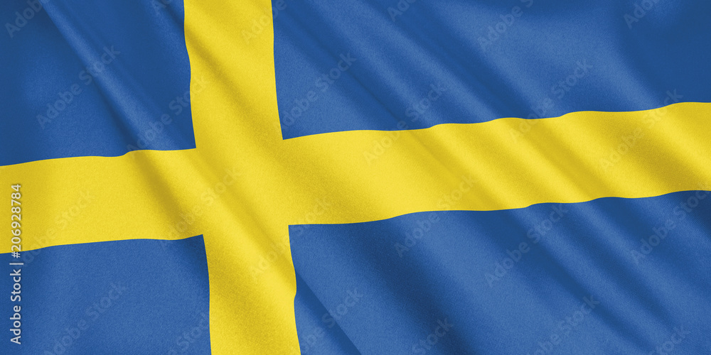 Sweden flag waving with the wind, wide format, 3D illustration. 3D rendering. Sweden flag waving with the wind, wide format, 3D illustration. 3D rendering.