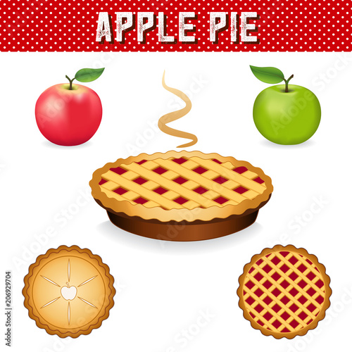 Apple Pie, green Granny Smith and Pink apple fruits, three views, isolated on white background, red polka dot background, EPS includes pattern swatch.