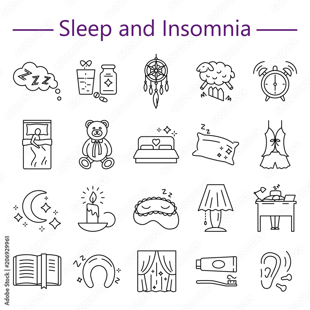 Fototapeta premium Sleep and Insomnia line icons set