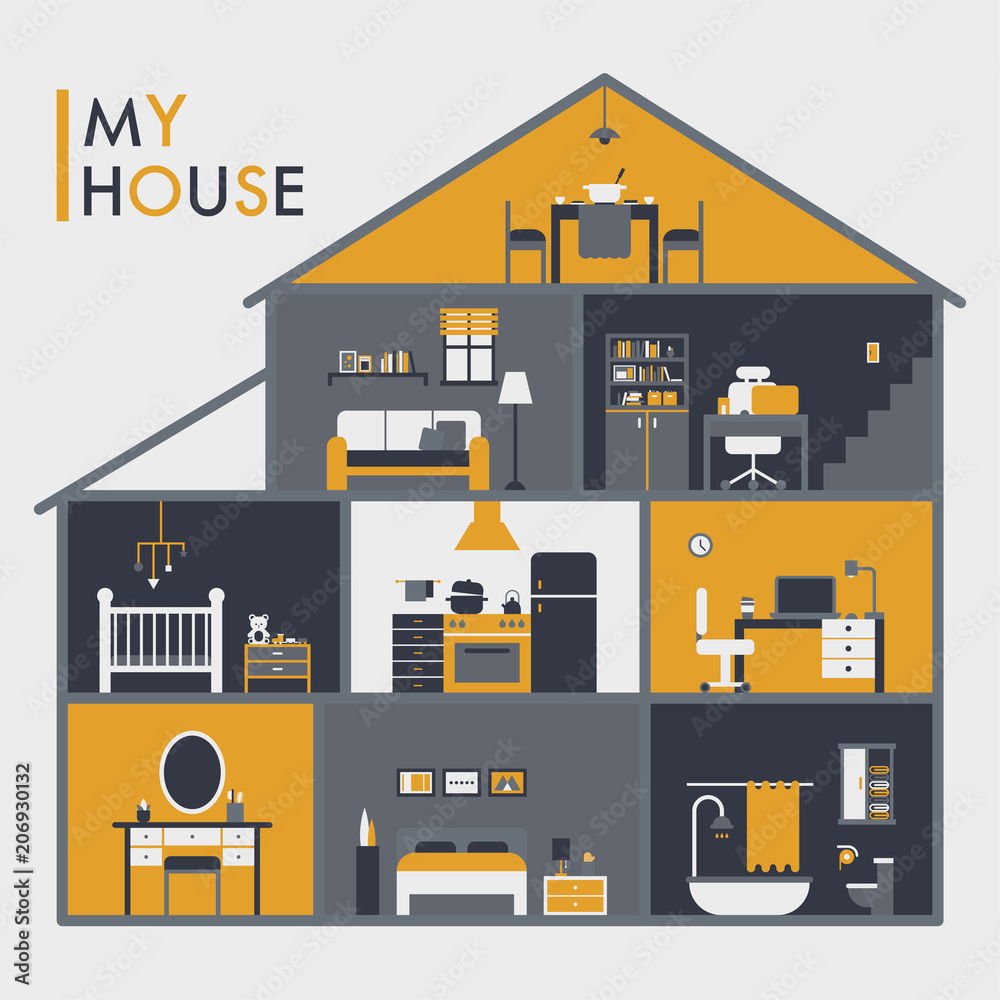 Each room in the cross section of the house. vector flat design  illustration set Stock Vector | Adobe Stock