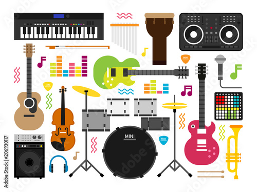 music instrument object icons vector flat design illustration set 