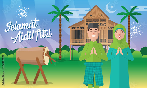  Selamat hari raya aidil fitri greeting card in flat style vector illustration with moslem family character and traditional malay village house / Kampung.