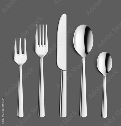 Set of fork  knifes and spoons on dark background. Vector illustration. Ready for your design. EPS10.