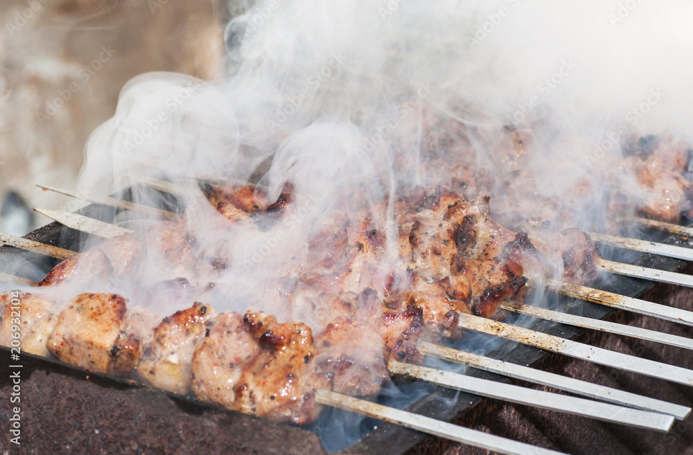 Skewered marinated raw meat, It is fried on charcoal Skewered marinated raw meat, It is fried on charcoal