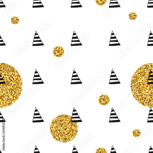 Triangles and golden circles, sequins. Seamless pattern. Geometric, abstract background. Doodle shapes.