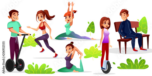 Boys and girls leisure vector illustration of teens sport and recreation in outdoor park. Cartoon young man and woman characters jogging or yoga exercise, riding mono-wheel hoverboard and gyroscooter