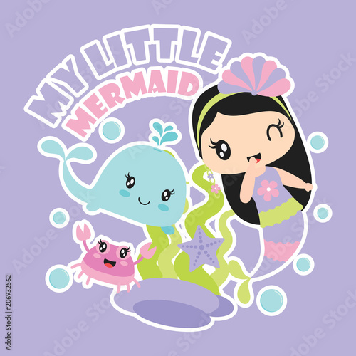 My little mermaid with her friends vector cartoon illustration for Kid t-shirt background design, postcard, and wallpaper