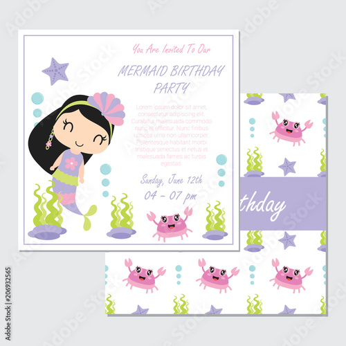 Cute mermaid girl with crab in the sea vector cartoon illustration for birthday card design, postcard, and wallpaper