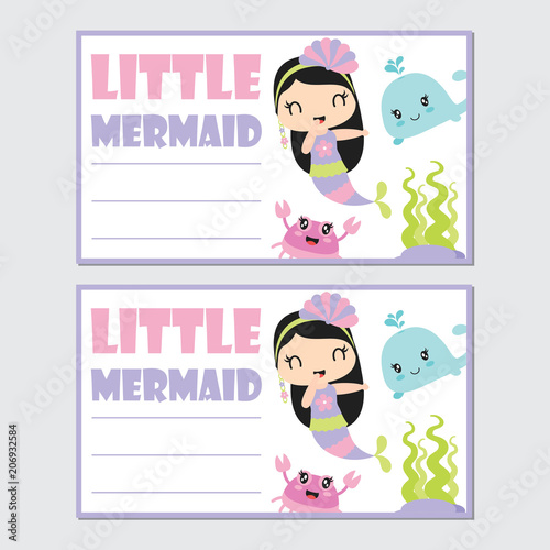 Little mermaid girl with her friend vector cartoon illustration for birthday card design, postcard, and wallpaper