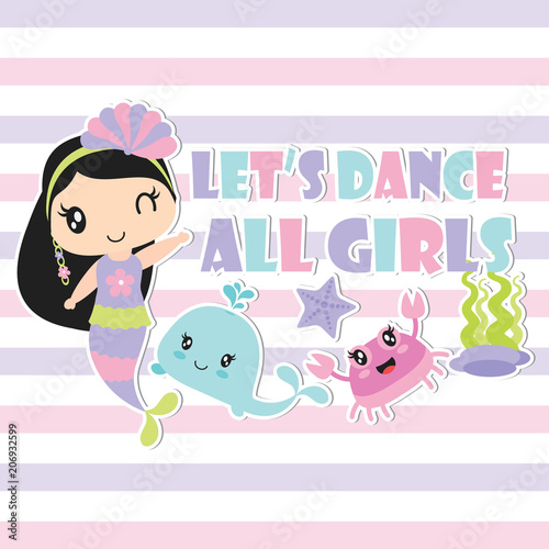 Cute mermaid and her friends are dancing vector cartoon illustration for Kid t-shirt background design, postcard, and wallpaper